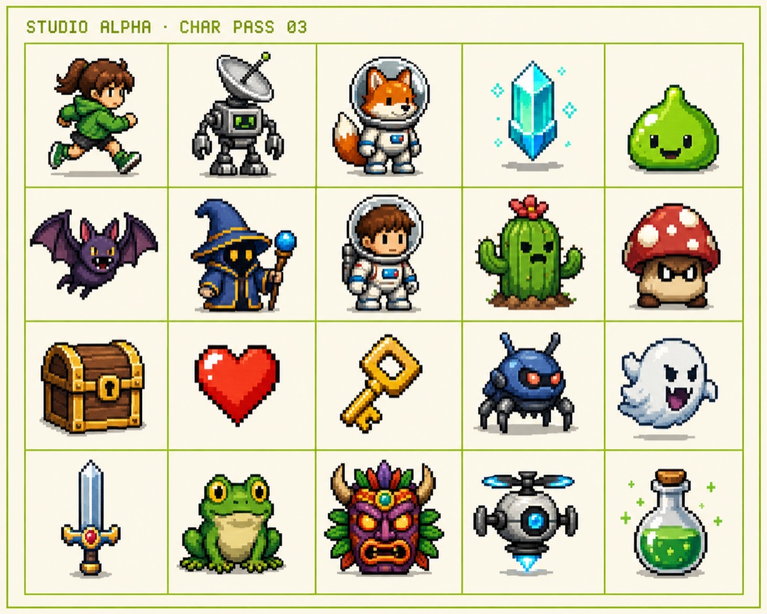 Pixel-Art-Charakterbogen: Figuren, Gegner und Items