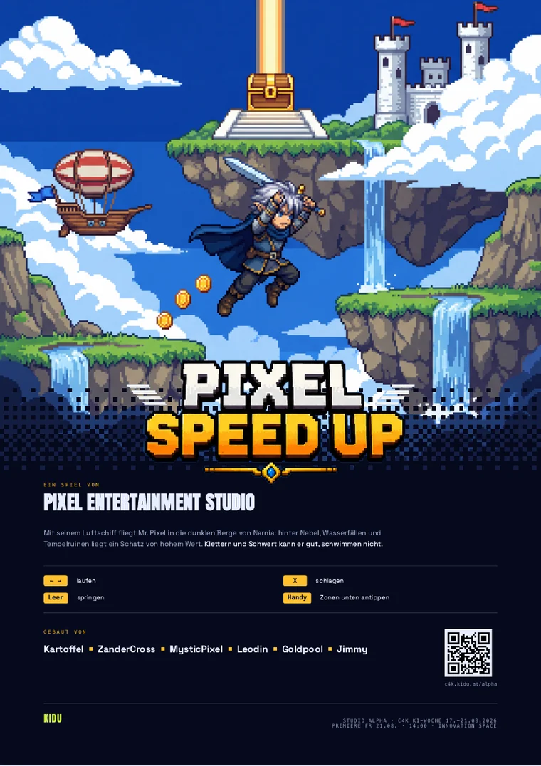 Poster von Studio Alpha: Pixel Speed Up! — Mr. Pixel springt mit Schwert zwischen Schwebeinseln